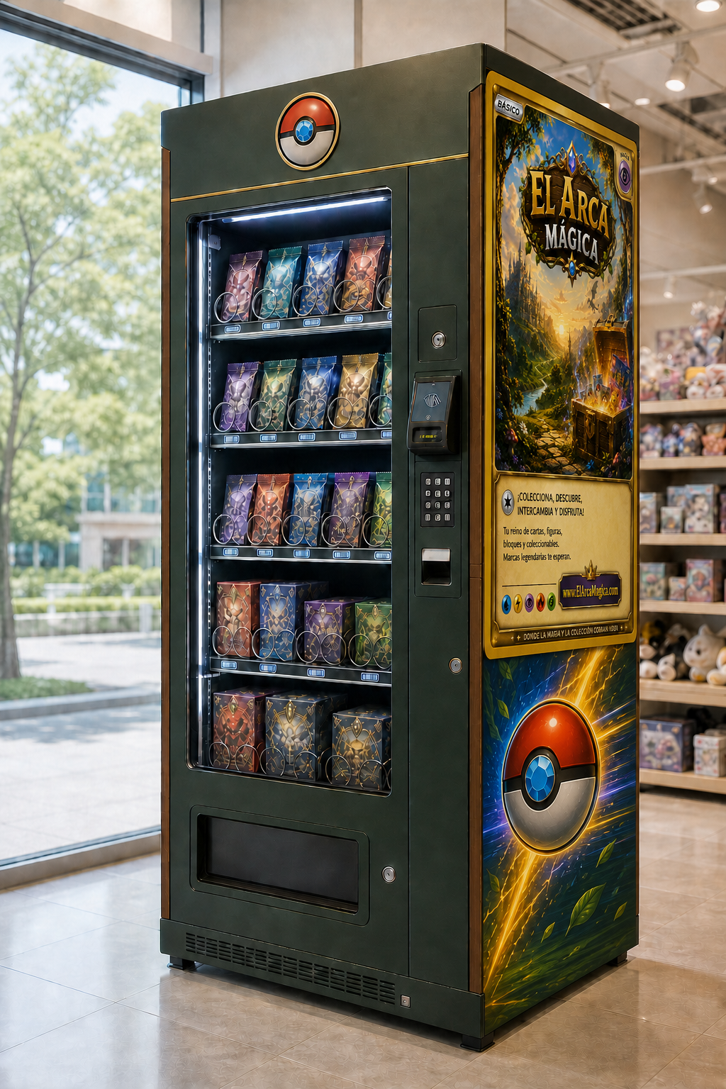 Máquina realista de vending con la carta completa de El Arca Mágica arriba y una esfera atravesada por un rayo debajo